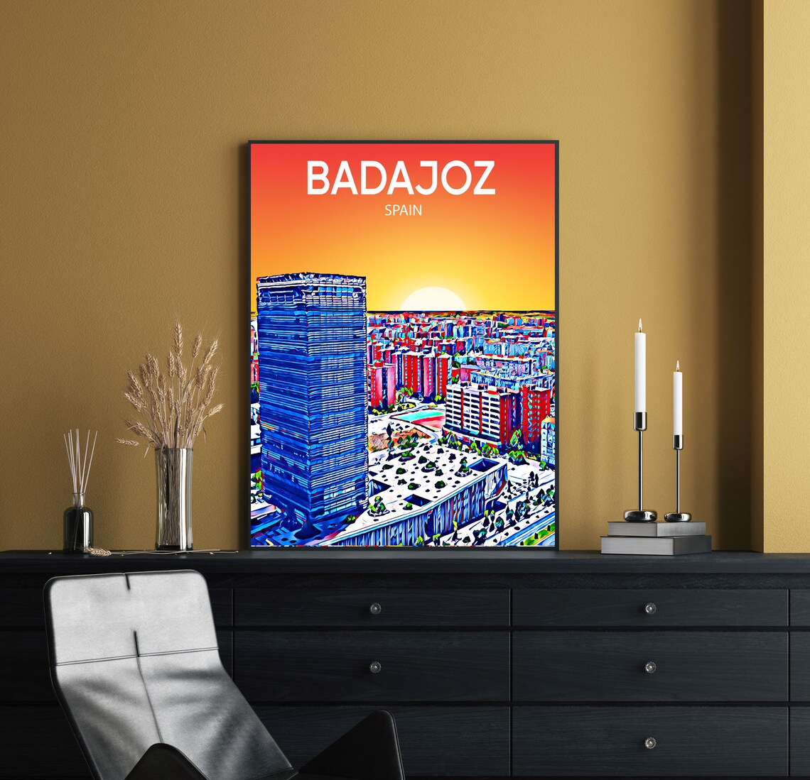Badajoz Spain Sunset Skyline Blue Tower Cityscape Travel Poster - Image 2