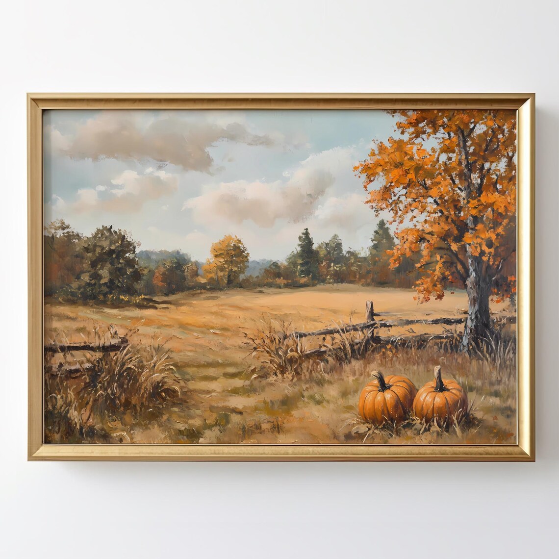 Fall Pumpkin Landscape Art Print, Rustic Farmhouse