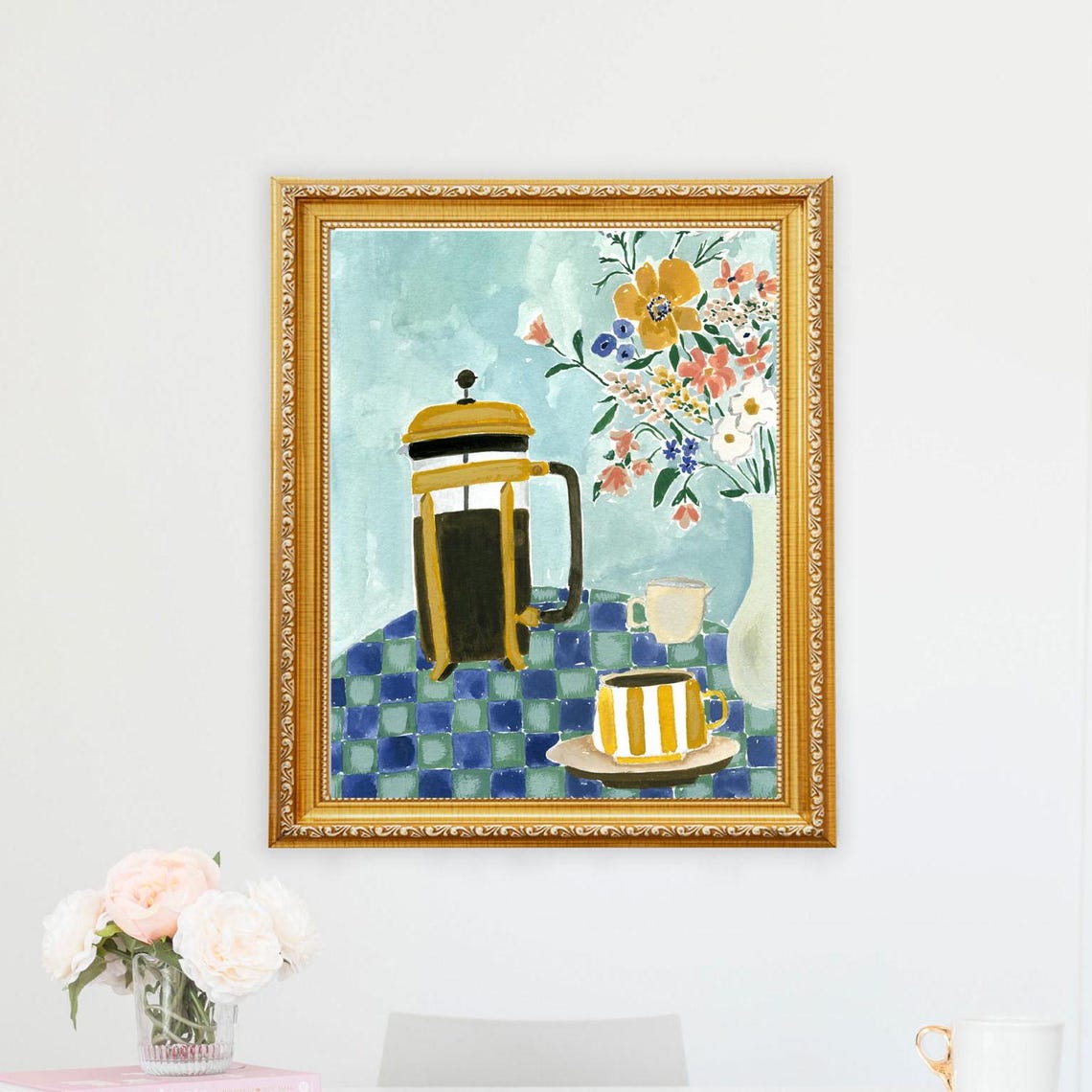 French Press Coffee Pot with Striped Mug Watercolor Kitchen Poster - Image 2