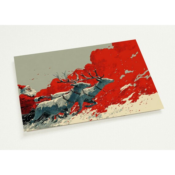 Vintage Santa Claus Sleigh Reindeer Red Christmas Art Poster