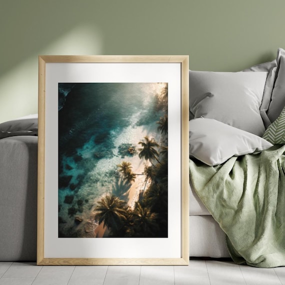 Tropical Beach Poster Sunset Palm Tree Ocean Wall Art Coastal Paradise Print Aerial Island Photography Decor 50x70 Cm 20x28