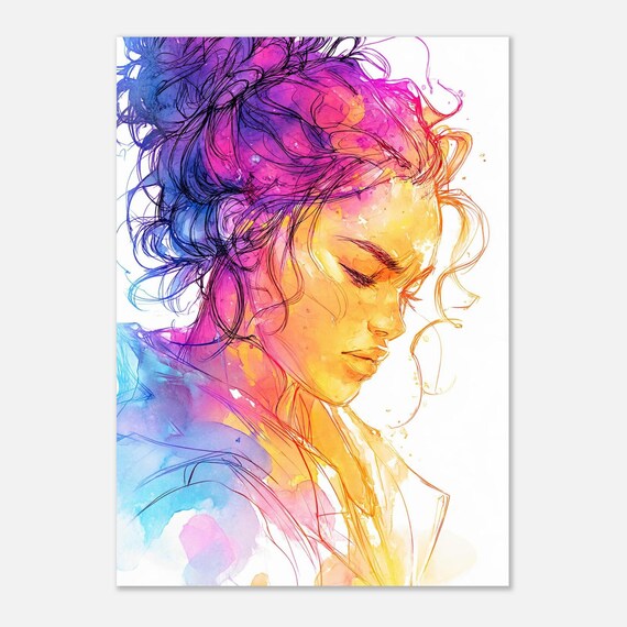 Rainbow Watercolor Woman Portrait Feminine Colorful Modern Wall Art