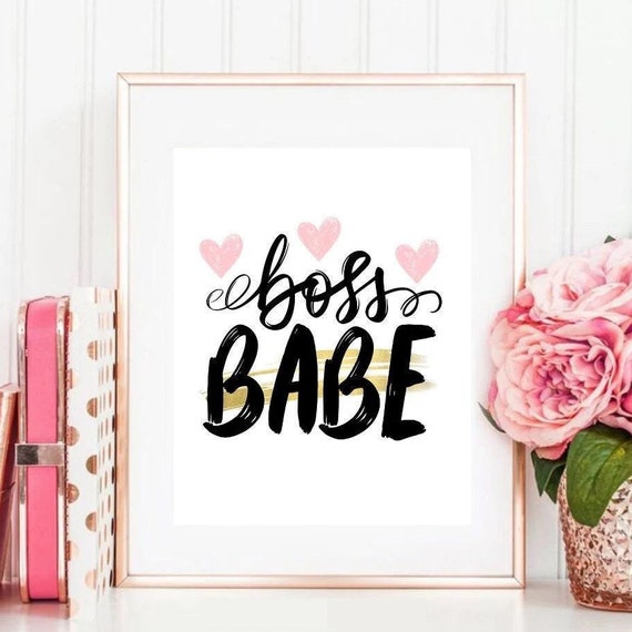 Boss Babe Pink Hearts Gold Brushstroke Motivational Quote Poster For Her