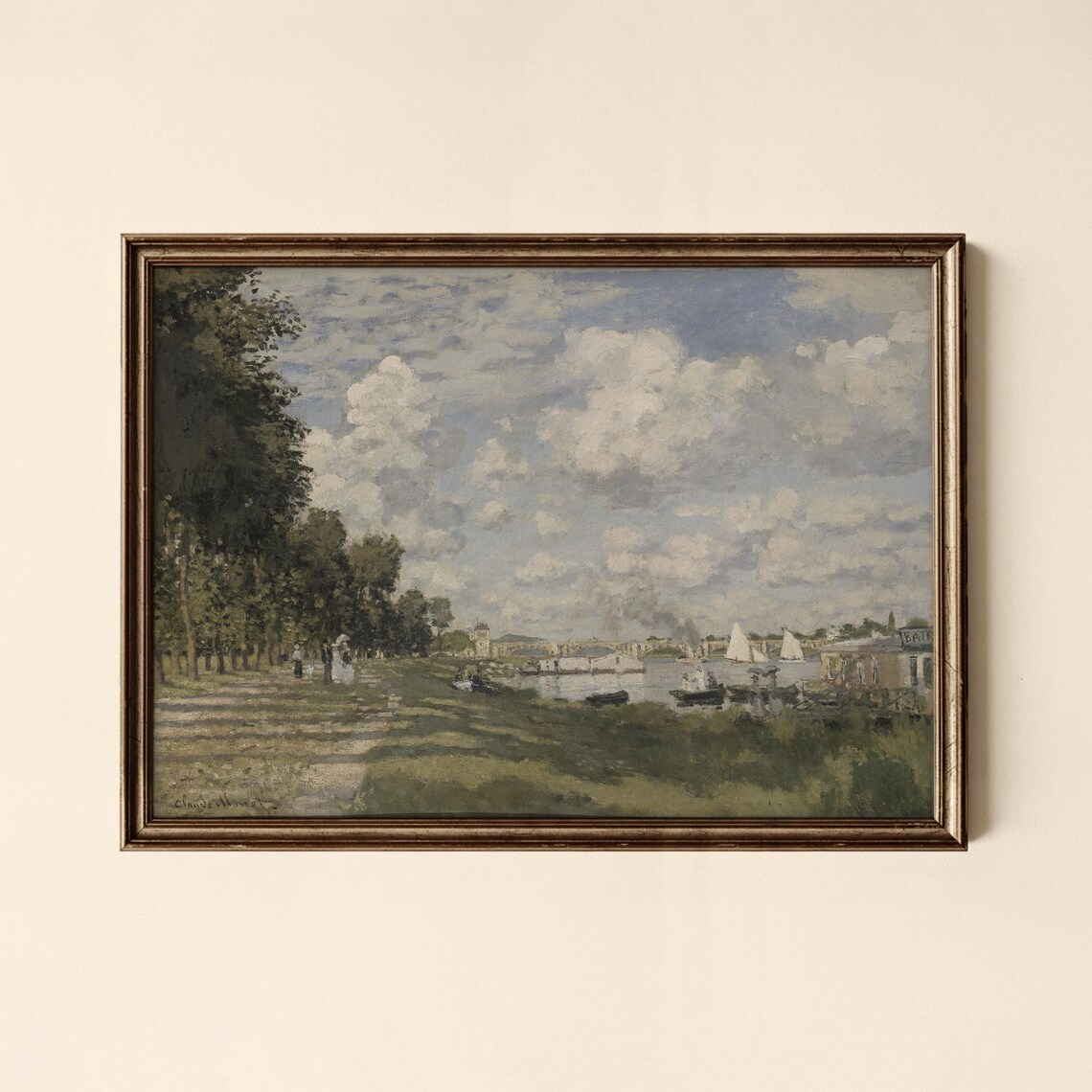Vintage Riverside Impressionist Painting Sailboats Water Scene Poster