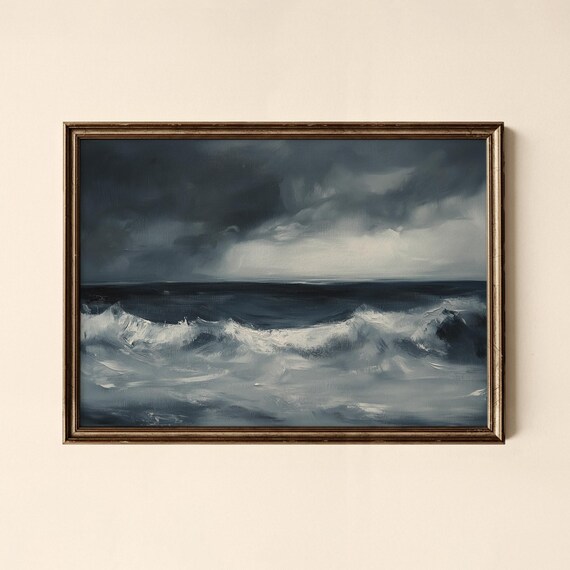 Moody Stormy Ocean Waves Dark Blue Seascape Painting Wall Decor Poster