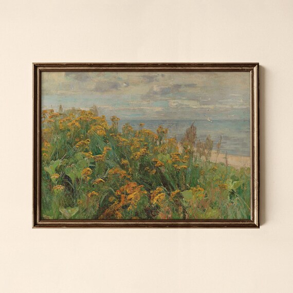 Vintage Golden Wildflower Meadow Above the Sea Coastal Painting Print