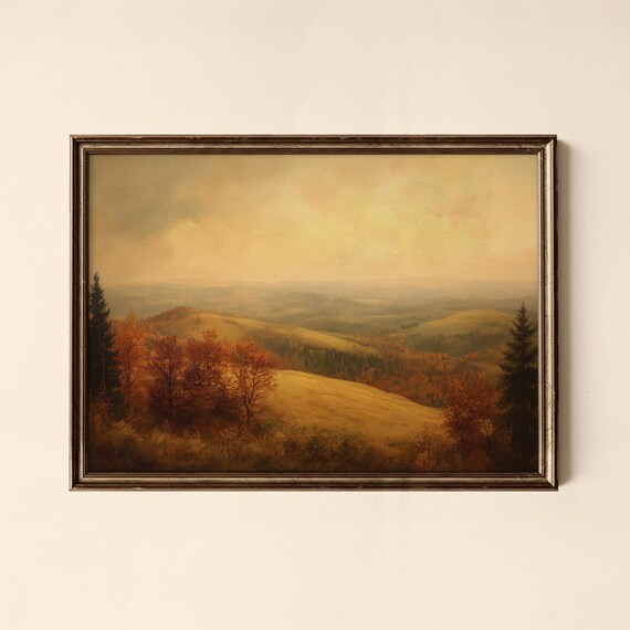 Golden Autumn Valley Rolling Hills Impressionistic Landscape Art Poster
