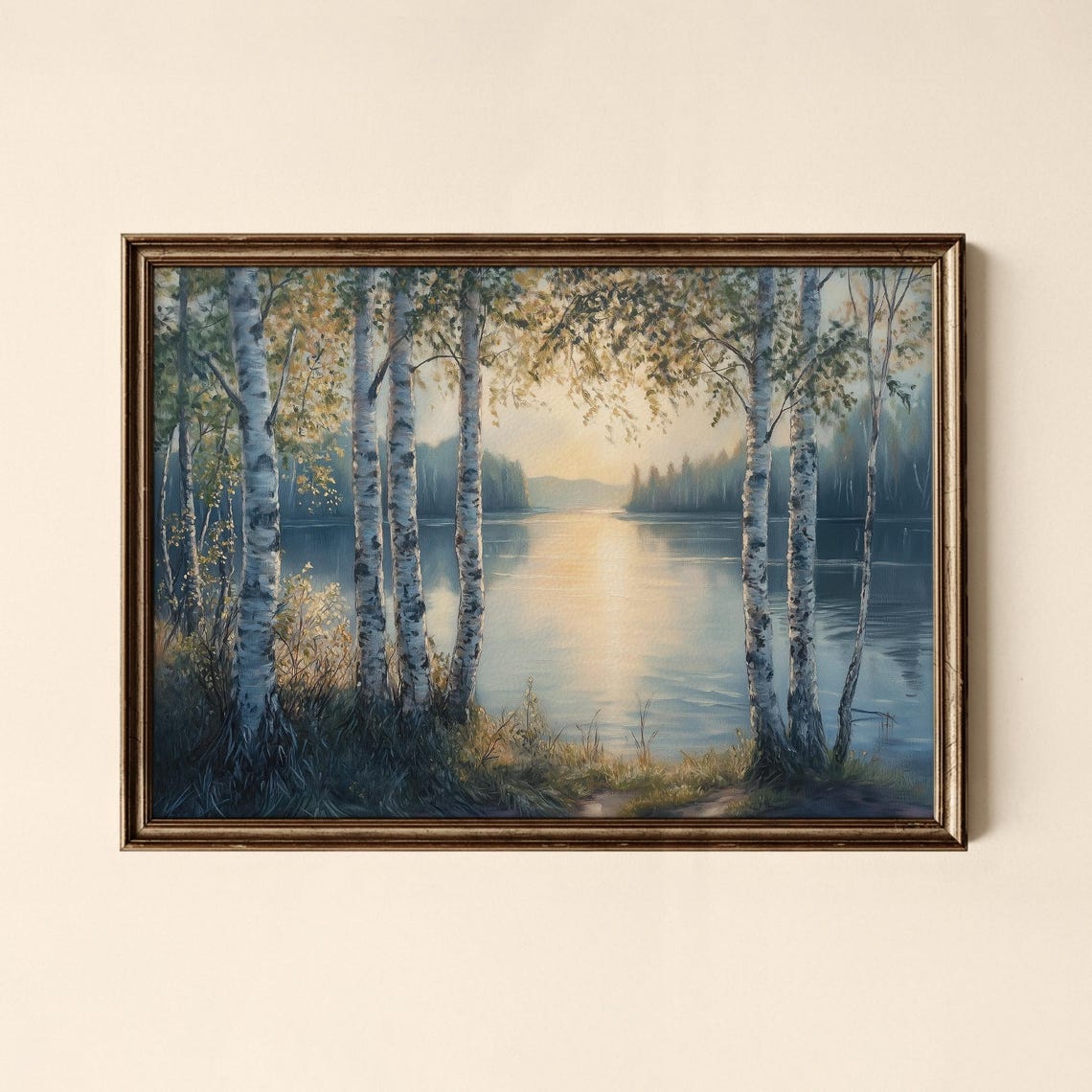 Vintage Birch Trees Lake Sunrise Landscape Painting Wall Art