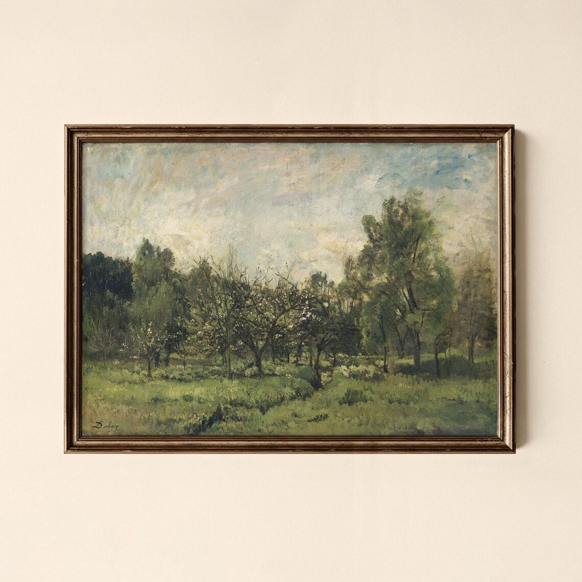 Lush Vintage Green Orchard Trees Country Landscape Oil Painting Poster
