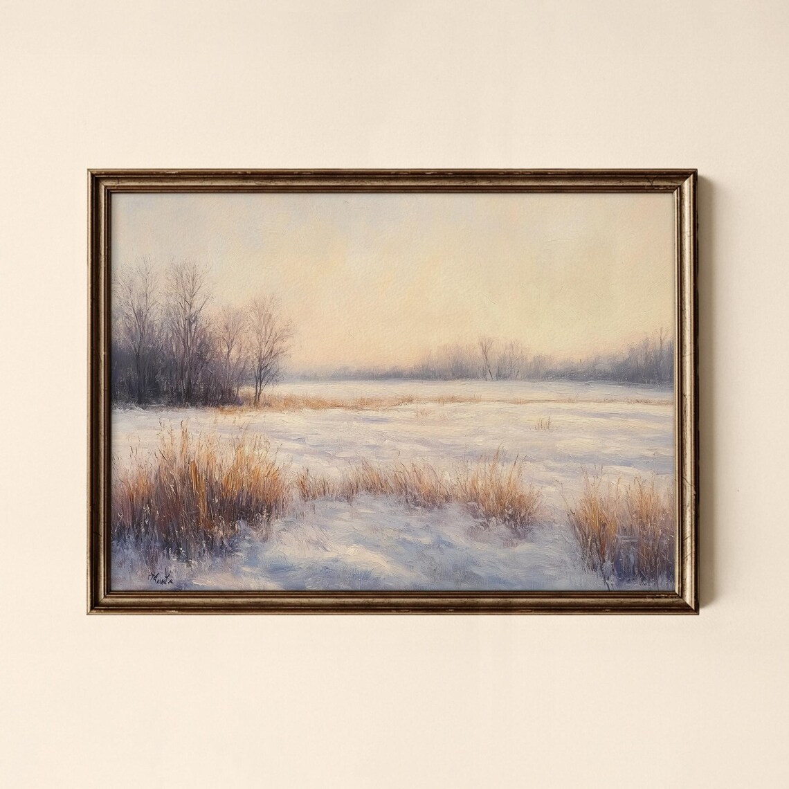 Snowy Winter Meadow Oil Painting Soft Sunrise Landscape Poster