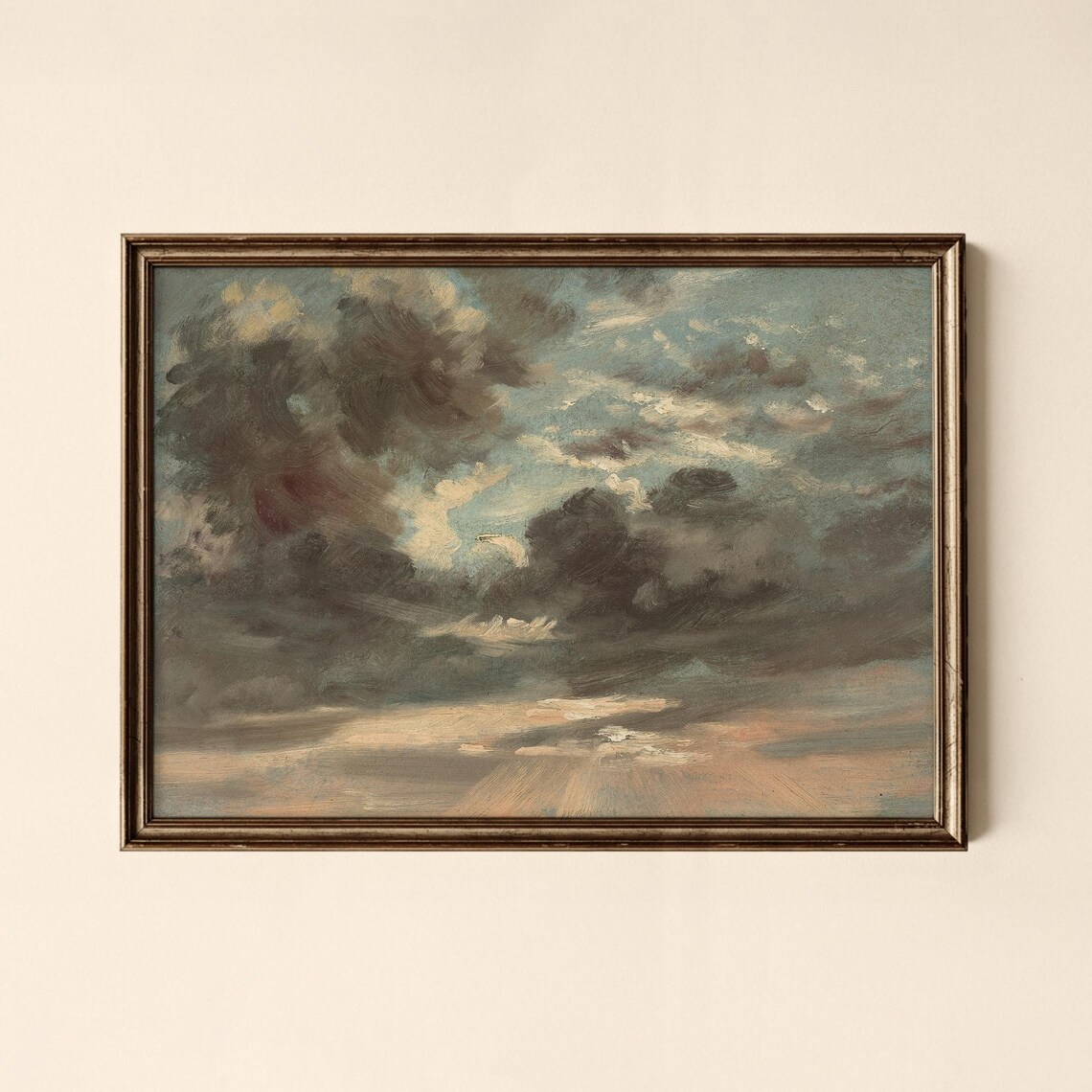 Sunlit Cloudy Skies Vintage Atmospheric Oil Painting Poster Grey