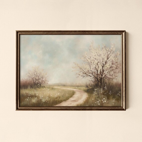 Spring Blossom Trail Winding Path Pastel Landscape Art Print