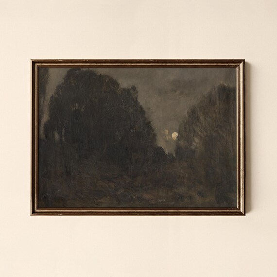 Moonlit Forest Vintage Oil Painting Dark Woodland Glowing Moon Art Print