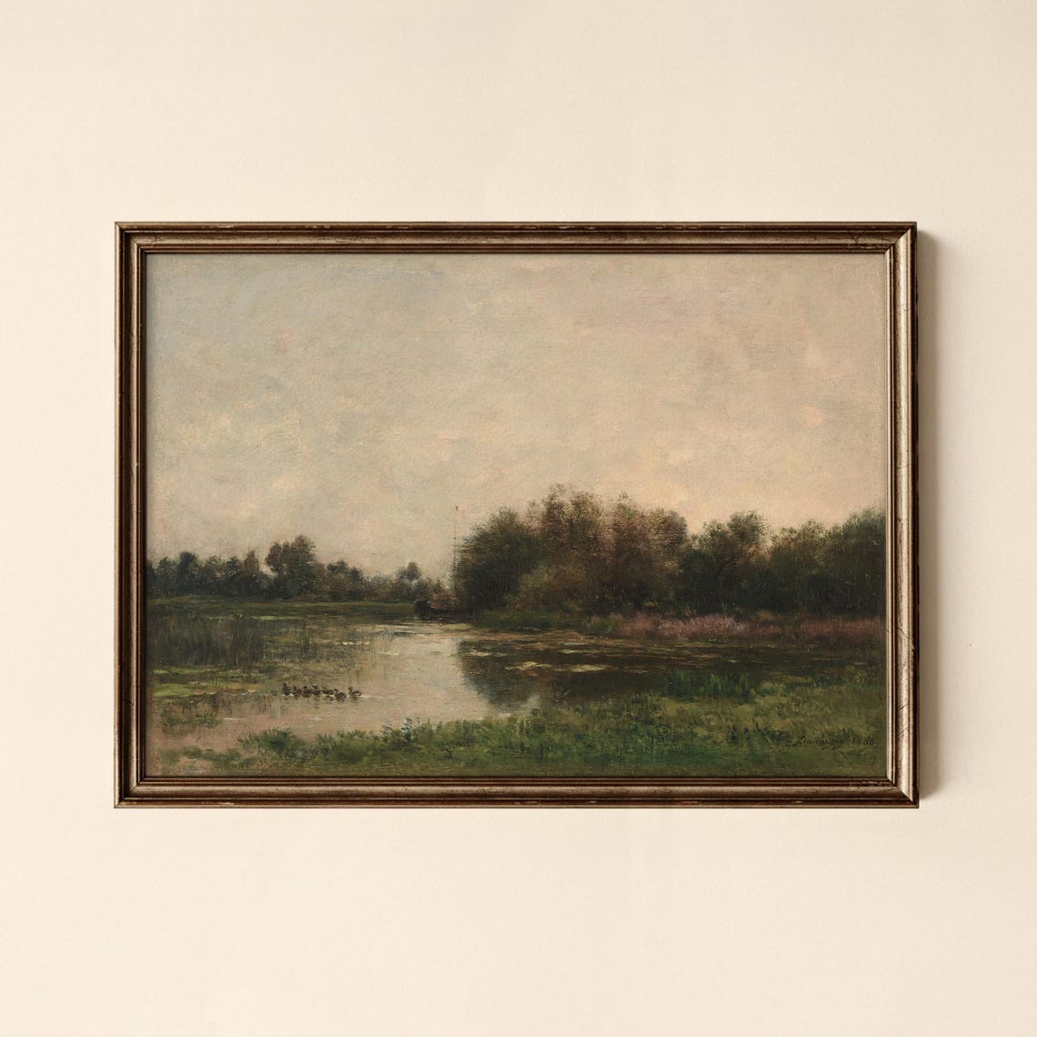 Peaceful Vintage Pond Landscape with Ducks Antique Art Print
