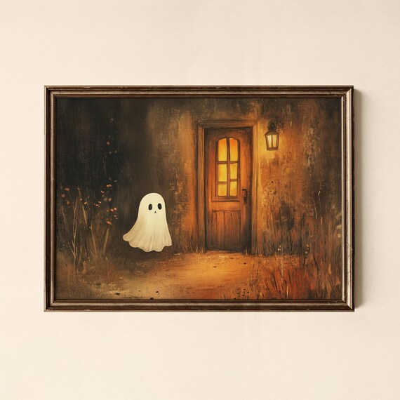 Cute Ghost At The Door Spooky Candlelight Halloween Art Poster