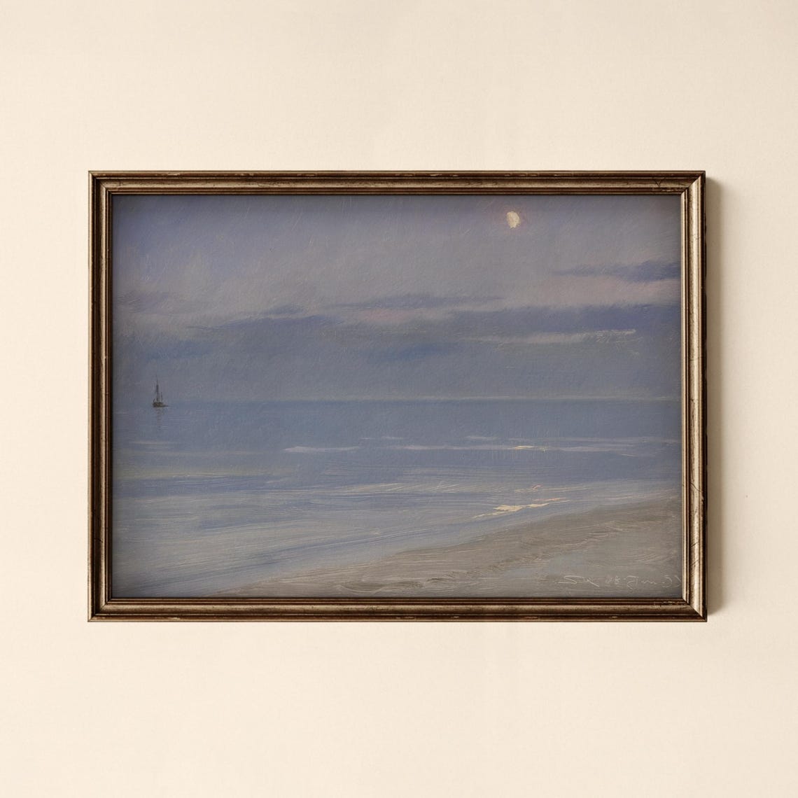 Moonlit Ocean Seascape With Sailboat Vintage Night Painting Art Poster