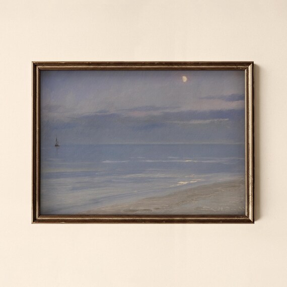 Moonlit Ocean Seascape With Sailboat Vintage Night Painting Art Poster