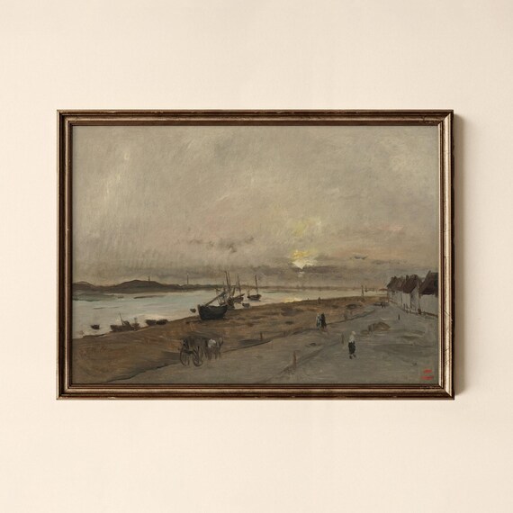 Vintage Fishing Boats on a Quiet Shore at Sunset Coastal Art Print