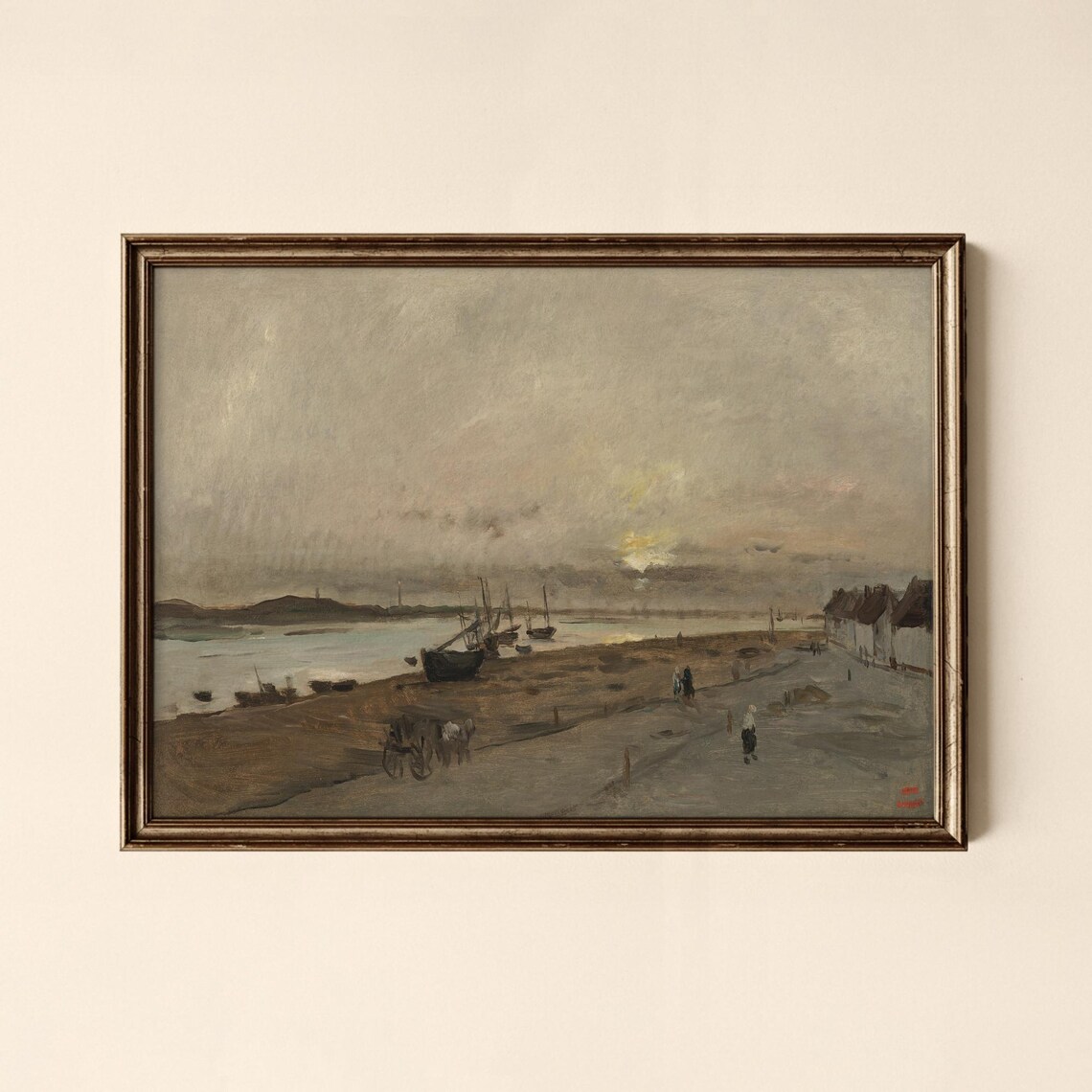 Vintage Fishing Boats on a Quiet Shore at Sunset Coastal Art Print
