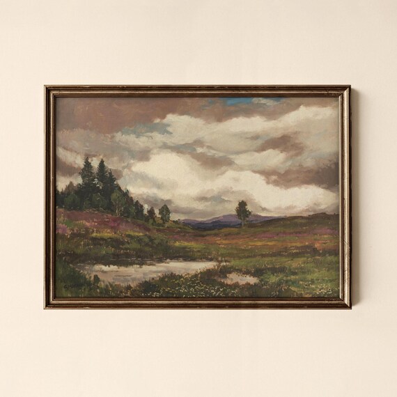 Moody Meadow Landscape Dramatic Sky Trees Green Fields Oil Poster