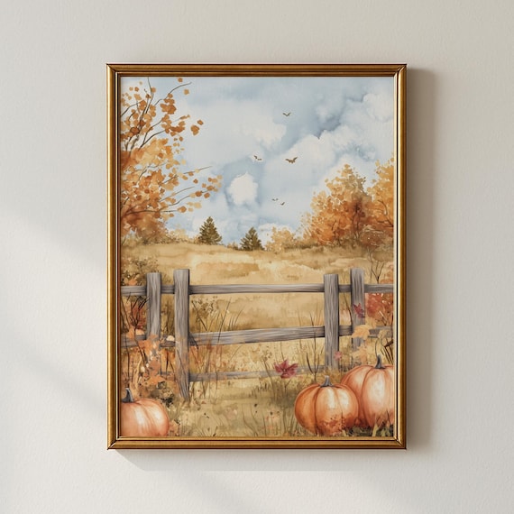 Autumn Countryside Fence Pumpkins Watercolor Fall Harvest Scene Art Print