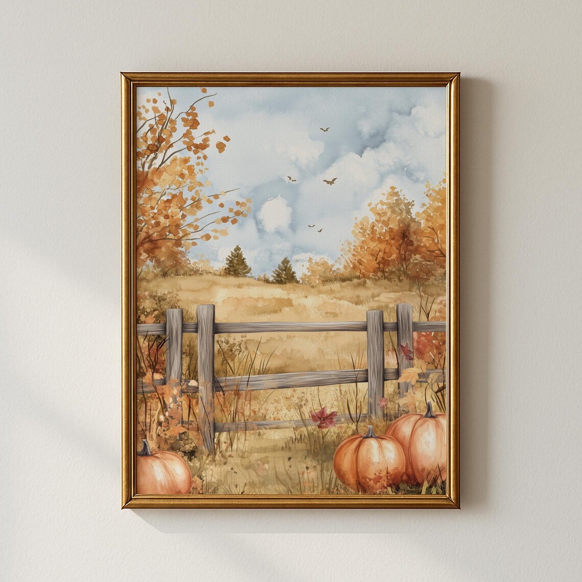 Autumn Countryside Fence Pumpkins Watercolor Fall Harvest Scene Art Print