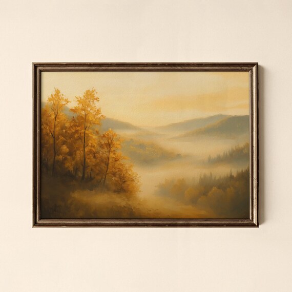 Golden Autumn Valley Misty Hills Vintage Landscape Art Poster