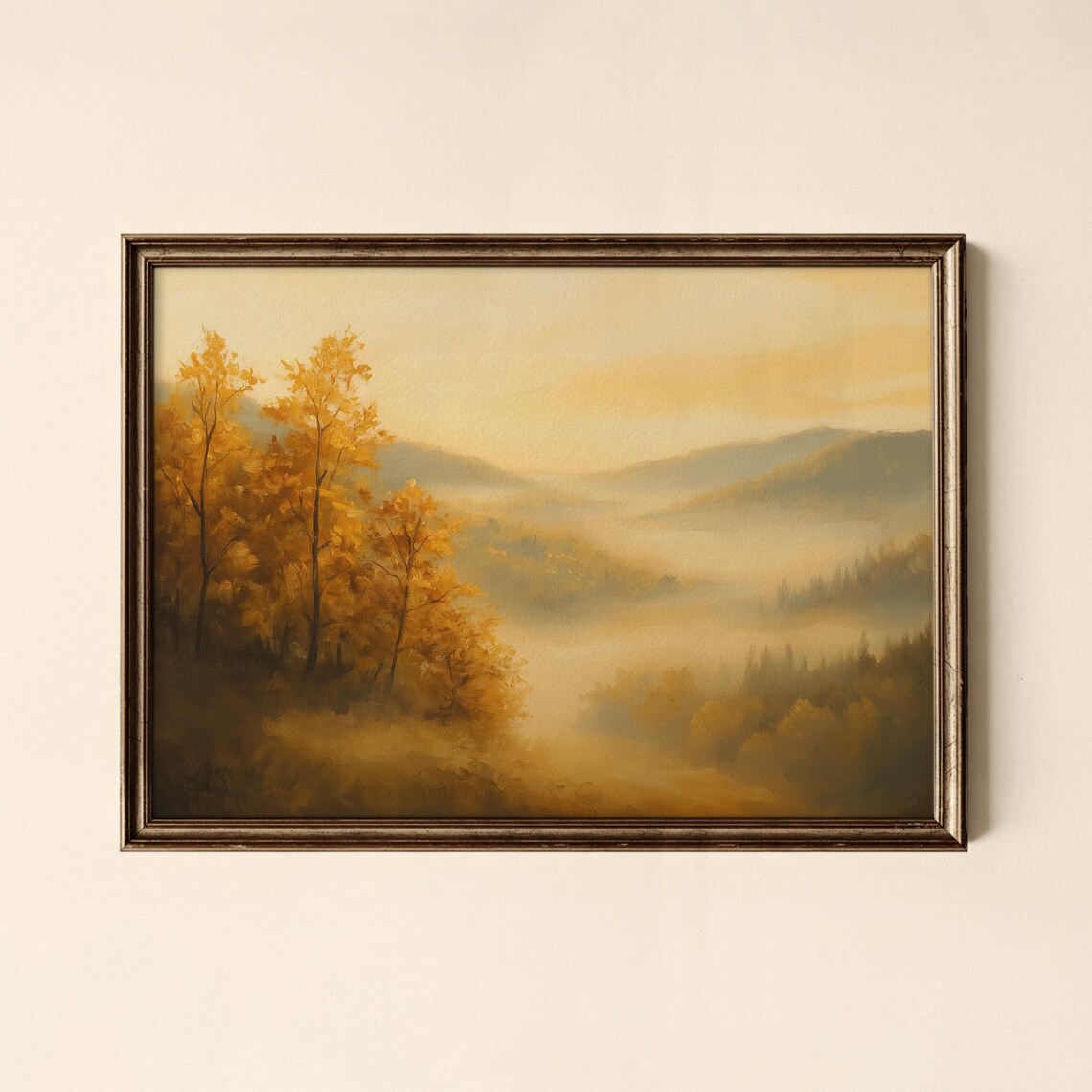 Golden Autumn Valley Misty Hills Vintage Landscape Art Poster