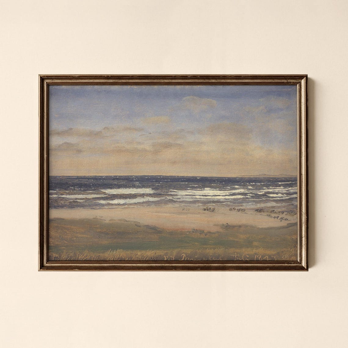 Vintage Beach Painting Waves Over Sand Antique Coastal Seascape Print