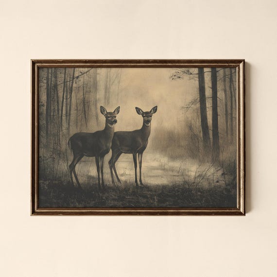 Vintage Deer Print, Landscape Art Print
