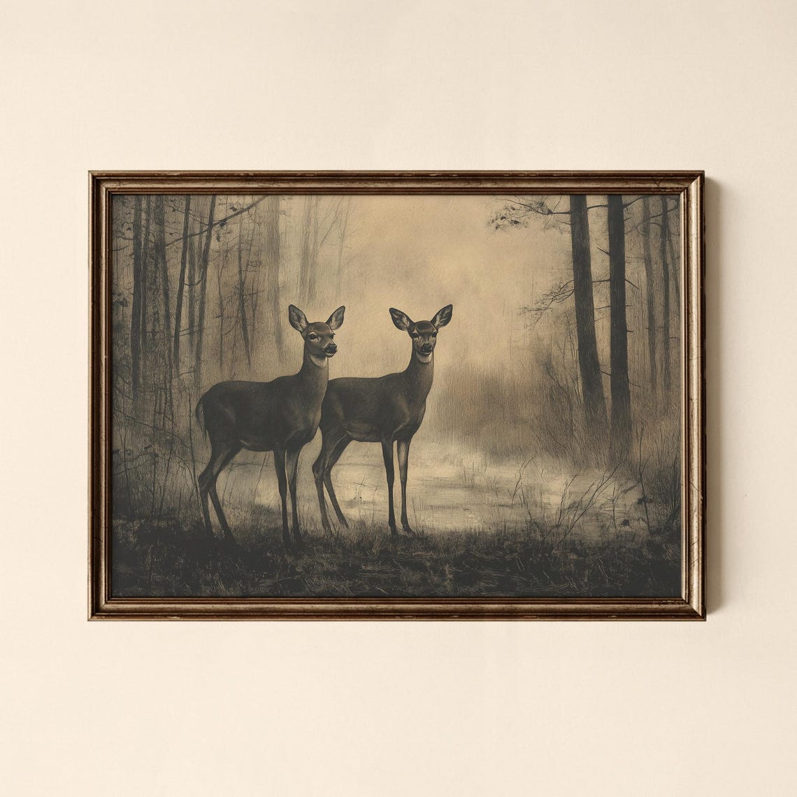 Vintage Deer Print, Landscape Art Print