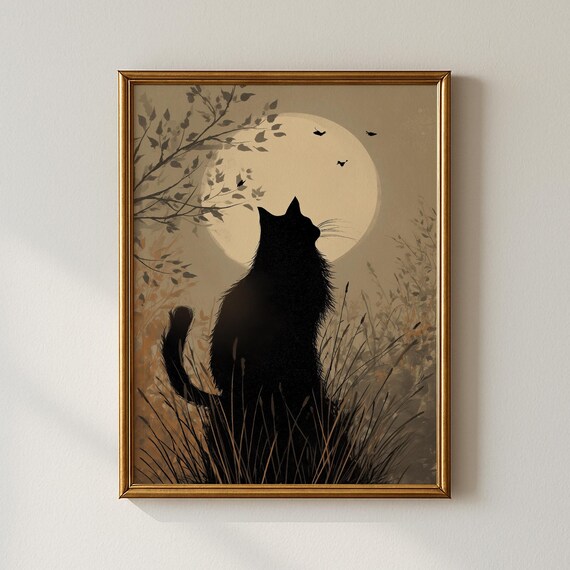 Black Cat Silhouette Under the Moon Vintage Neutral Art Poster