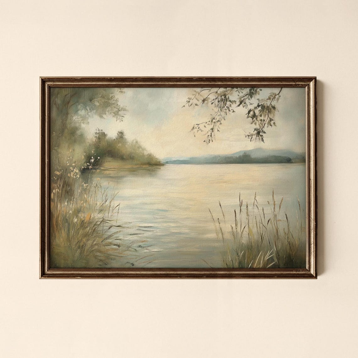 Misty Riverside Lake Soft Green Morning Vintage Painting Poster