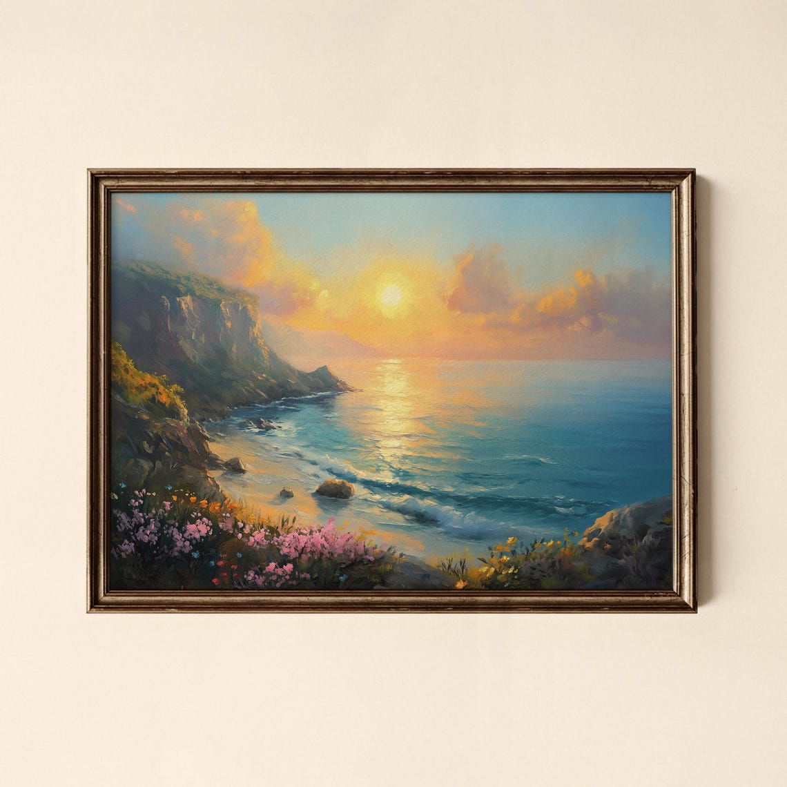 Coastal Sunset Cliffs Seascape Painting With Pink Flowers Poster
