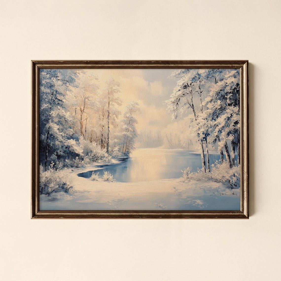 Winter River Through Snowy Forest Morning Light Scene Art Print