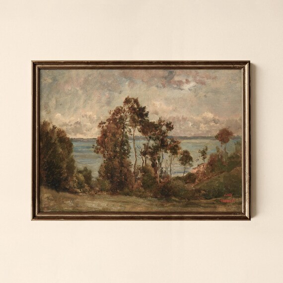 Vintage Coastal Trees Overlooking Water Antique Landscape Art Print