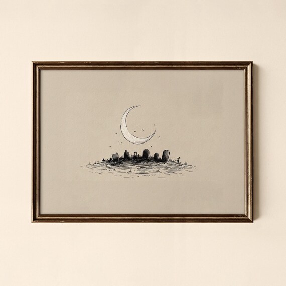 Crescent Moon Over a Tiny Graveyard Minimalist Halloween Sketch Poster