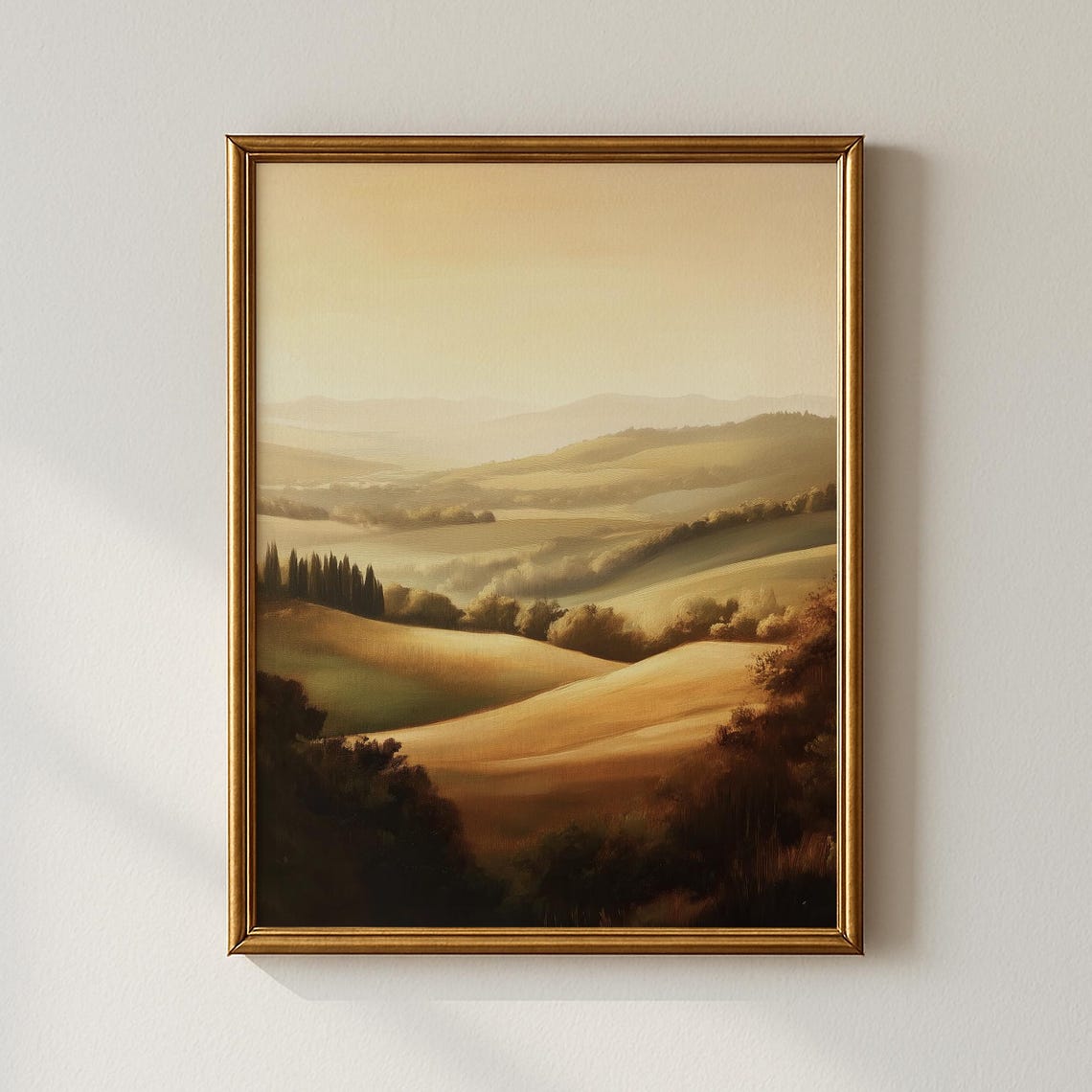 Golden Tuscan Hills Cypress Trees Rustic Landscape Art Poster