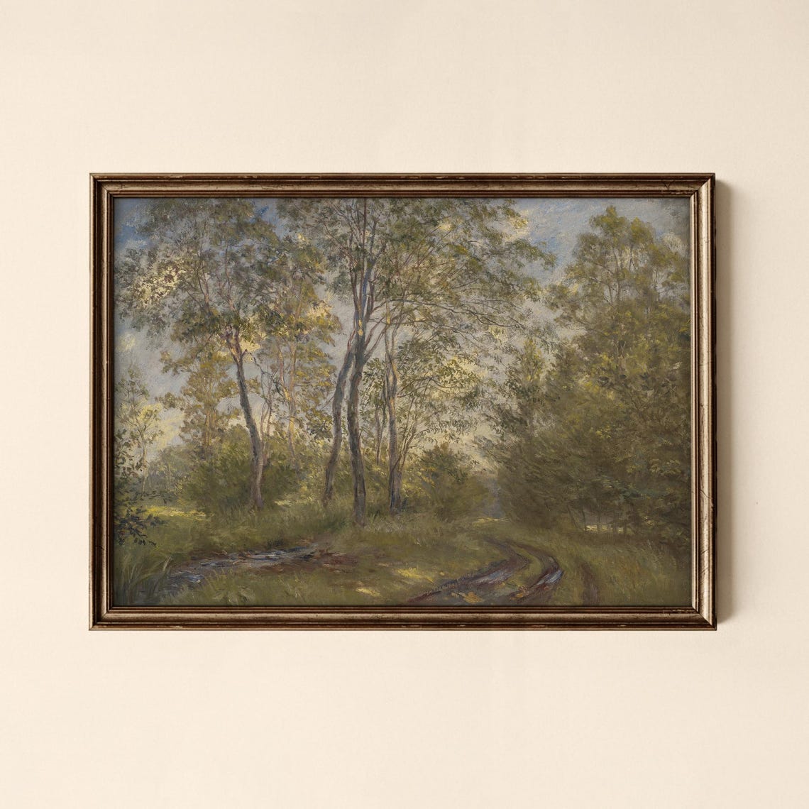 Sunlit Forest Path Between Tall Green Trees Vintage Art Poster