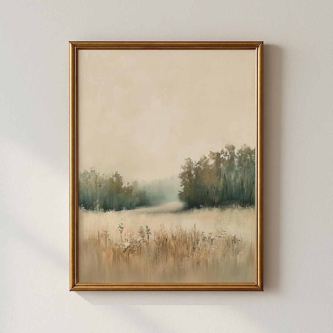 Muted Beige Meadow Misty Morning Neutral Landscape Painting Art Poster