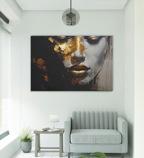Black Gold Woman Portrait Art, Abstract Female Face