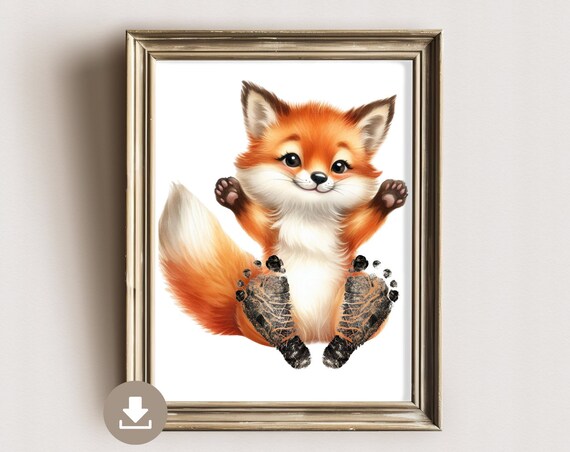 Adorable Red Fox With Baby Footprint Nursery Keepsake Poster