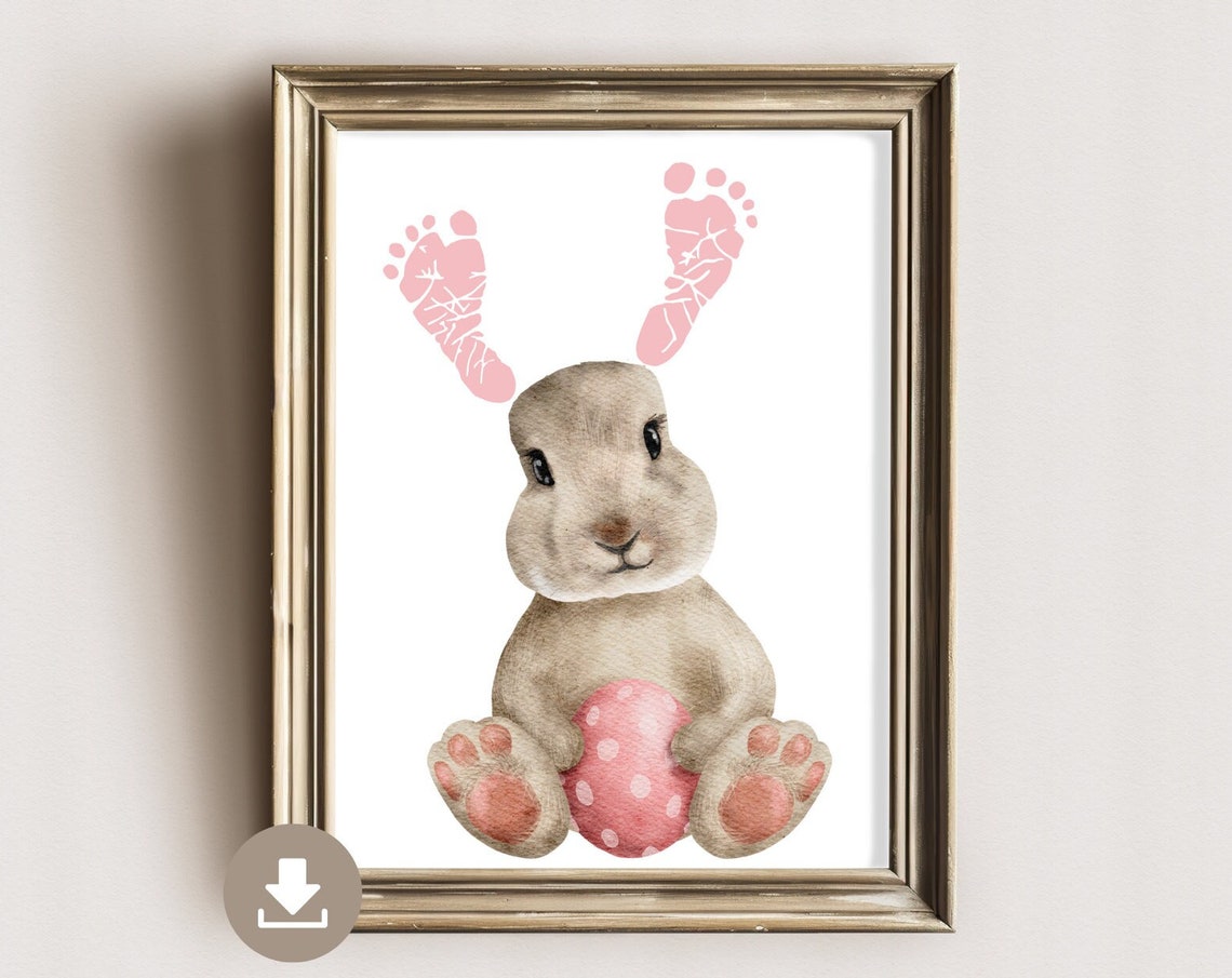 Watercolor Easter Bunny Pink Footprint Ears Egg Nursery Art Poster