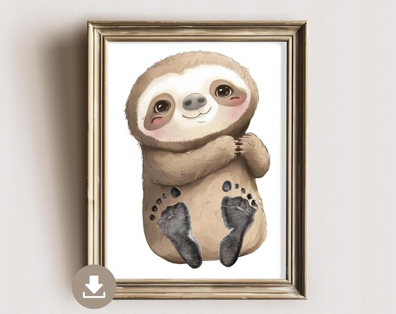 Cute Smiling Sloth With Baby Footprint Nursery Keepsake Poster
