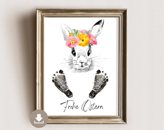 Footprint Picture Easter Bunny Art Print, Happy Easter