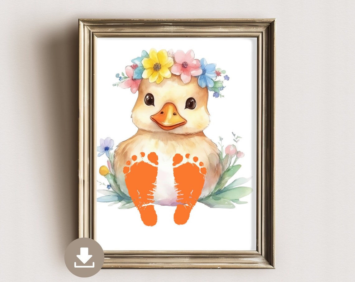 Watercolor Duckling With Flower Crown Footprint Keepsake Poster