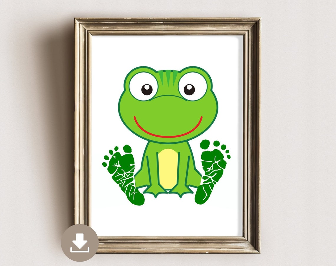 Cute Happy Green Frog Baby Footprint Nursery Keepsake Art Poster
