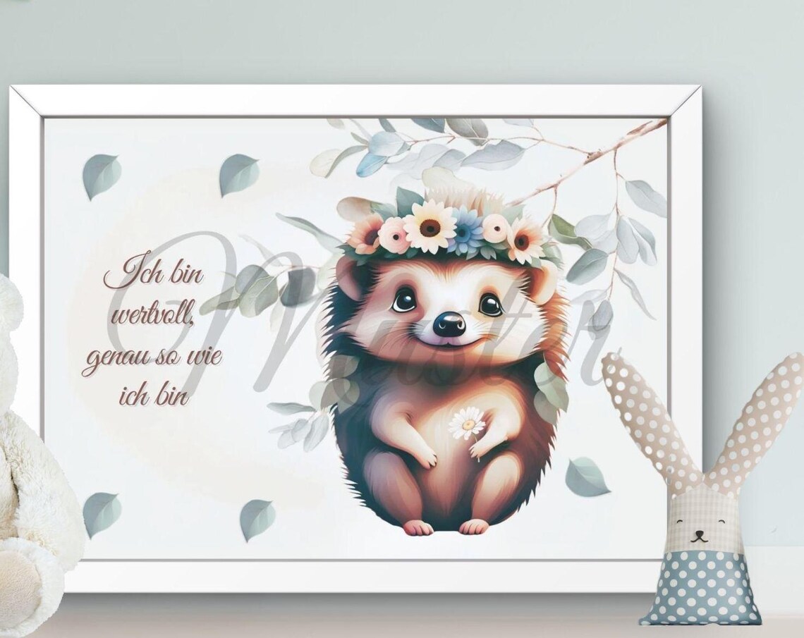Nursery Decor Animal Poster, Flower Wreath Motivational