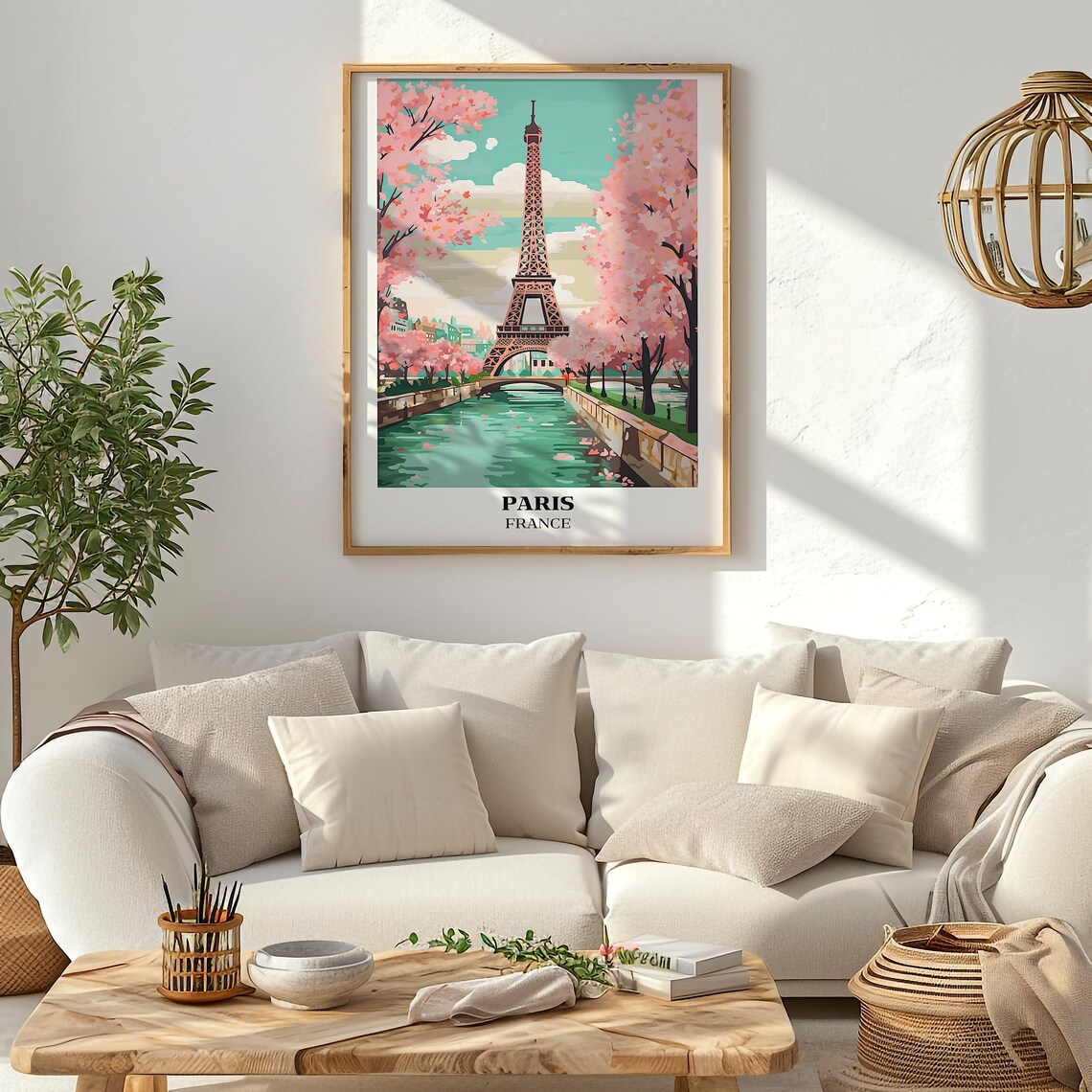 Paris France Eiffel Tower Pink Blossom Canal Spring Scene Poster - Image 4
