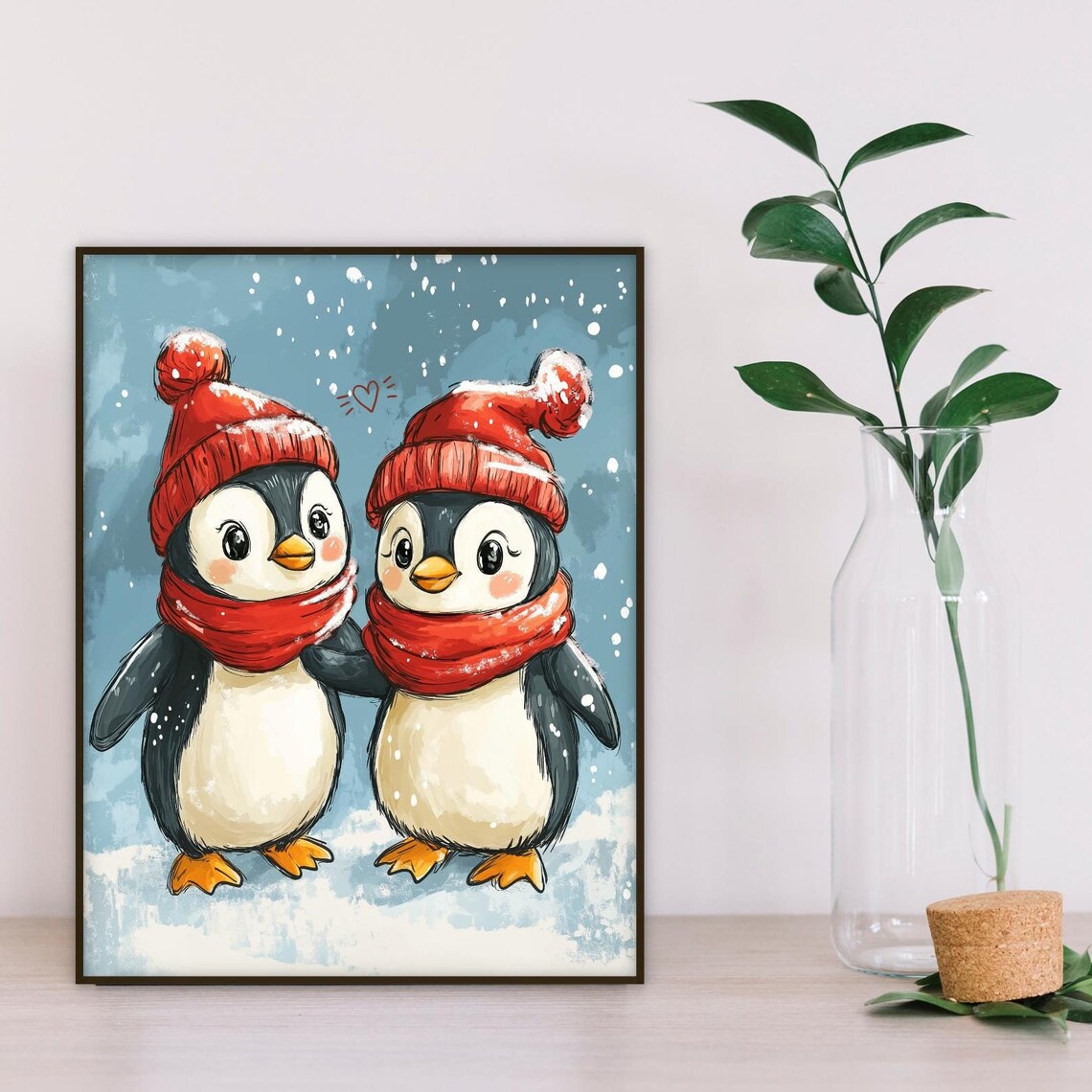 Penguin Couple in Red Winter Hats and Scarves Snowfall Poster